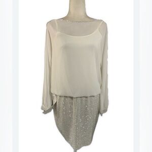 Cache Vintage White Long Sleeve Silver Rhinestone Knee Length Dress 6